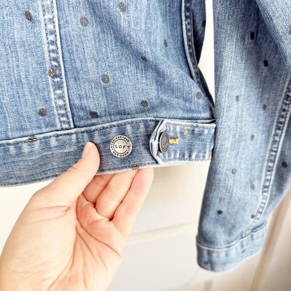 LOFT Collared Long Sleeve Polka Dot Denim Jacket Stretch Size Large L Preppy - Picture 11 of 12